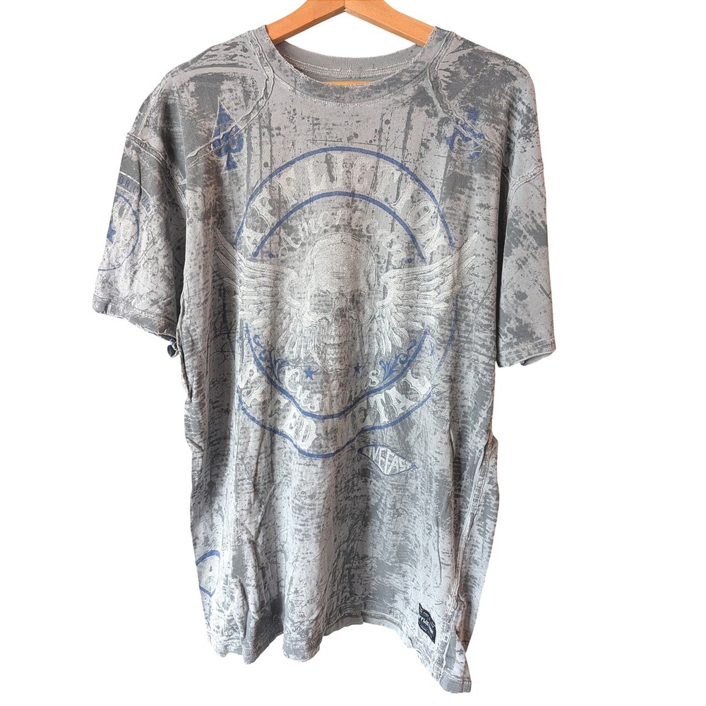 Affliction T Shirt Mens 2XL Gray Blue American Customs Skull Distressed Y2K USA